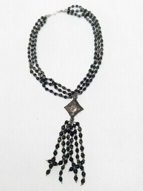 Black Beaded Tassel Necklace with Elephant Bead- Women's Jewelry